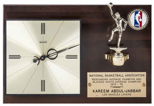 1975-76 NBA Rebounding Average & Blocked Shots Average Champion Presentation Clock Awarded To Kareem Abdul-Jabbar (Abdul-Jabbar LOA)